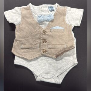 Little Lad Gray Bodysuit with Tan Vest and Blue Bow Tie